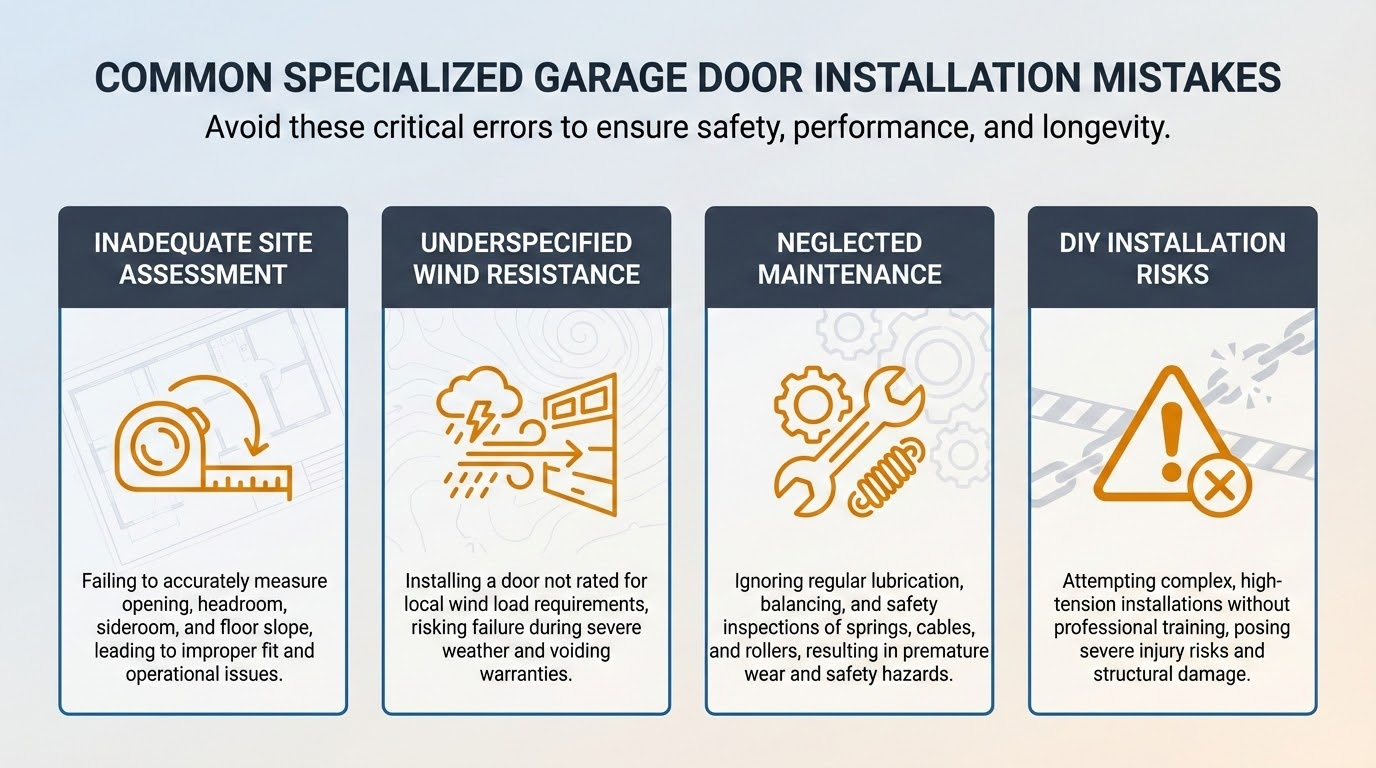 Technician inspecting garage door installation for common problems