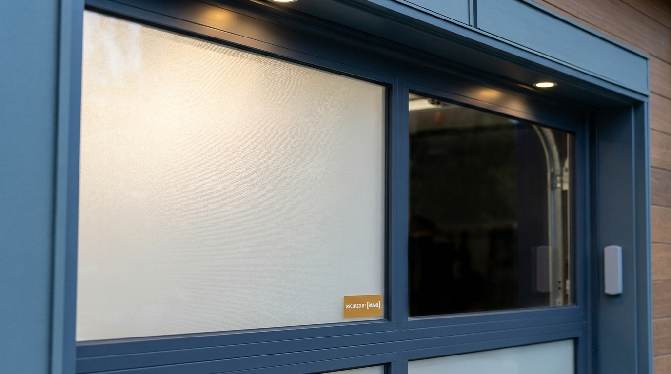 Garage door window security options including frosted film and decorative bars