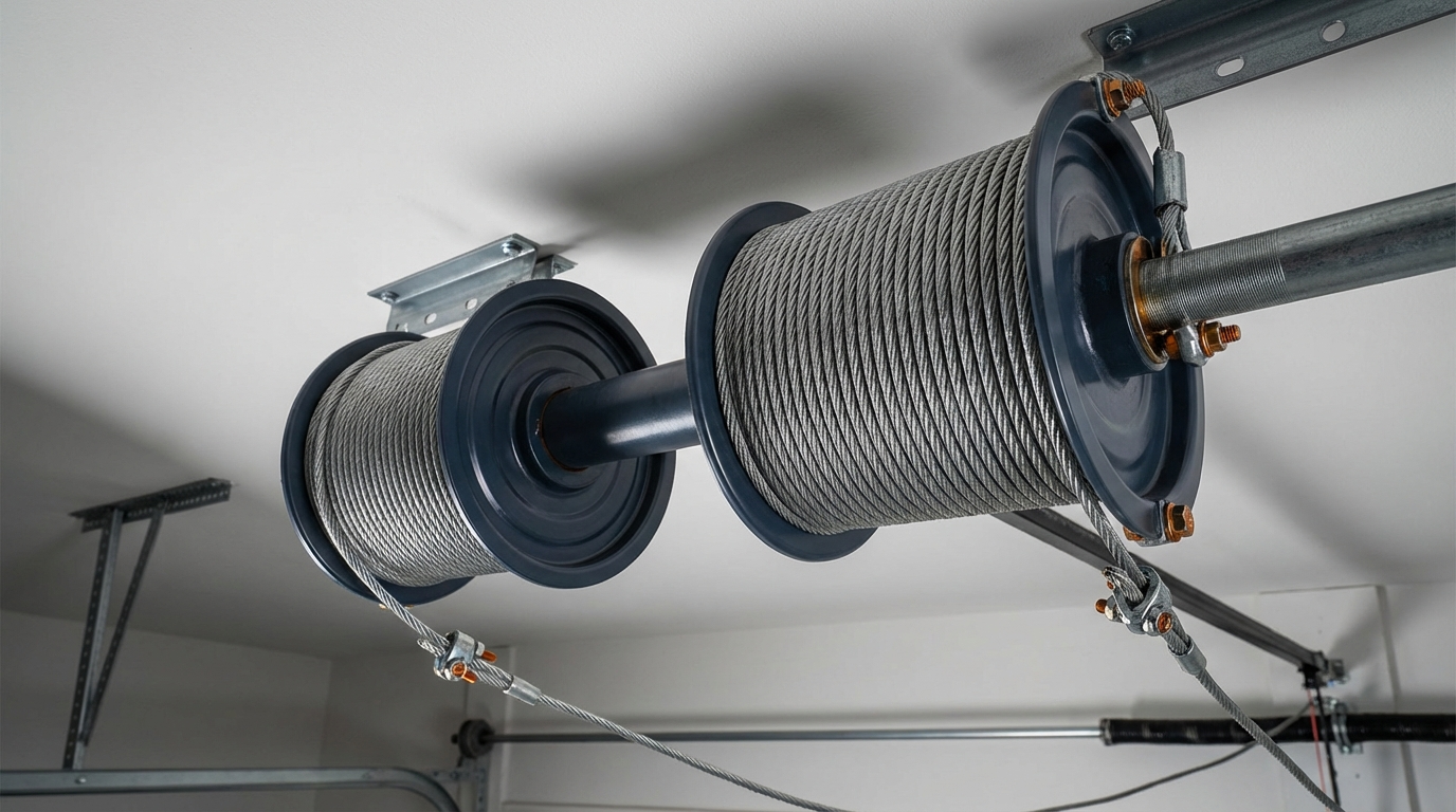 Lift cables wound around cable drums on garage door system