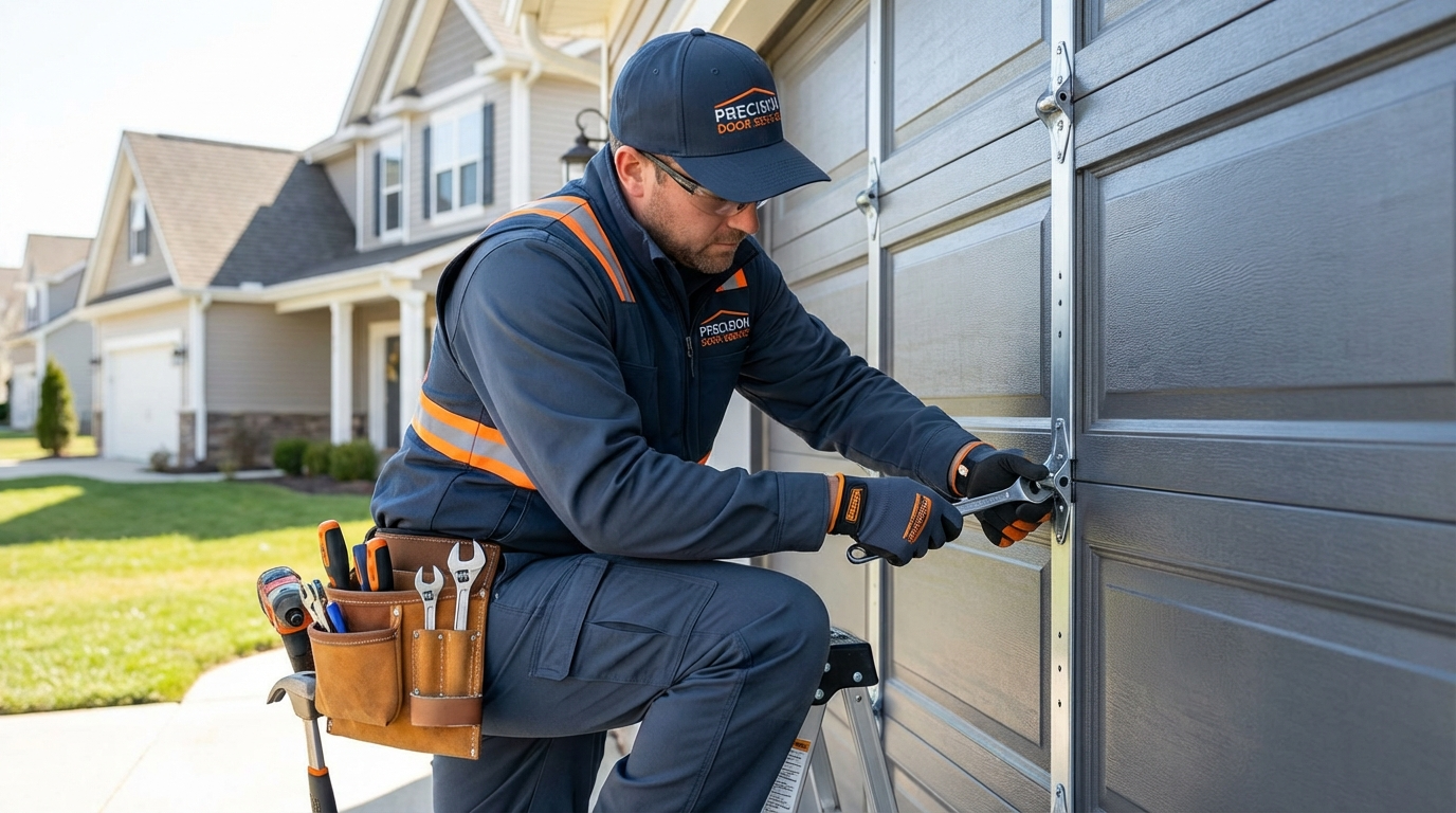 Professional garage door installation technician at work