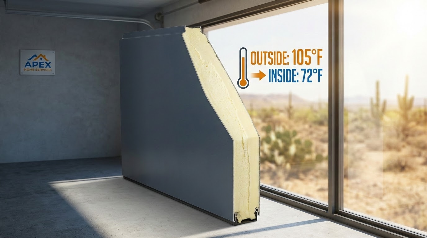 Insulated garage door cross-section showing R-value