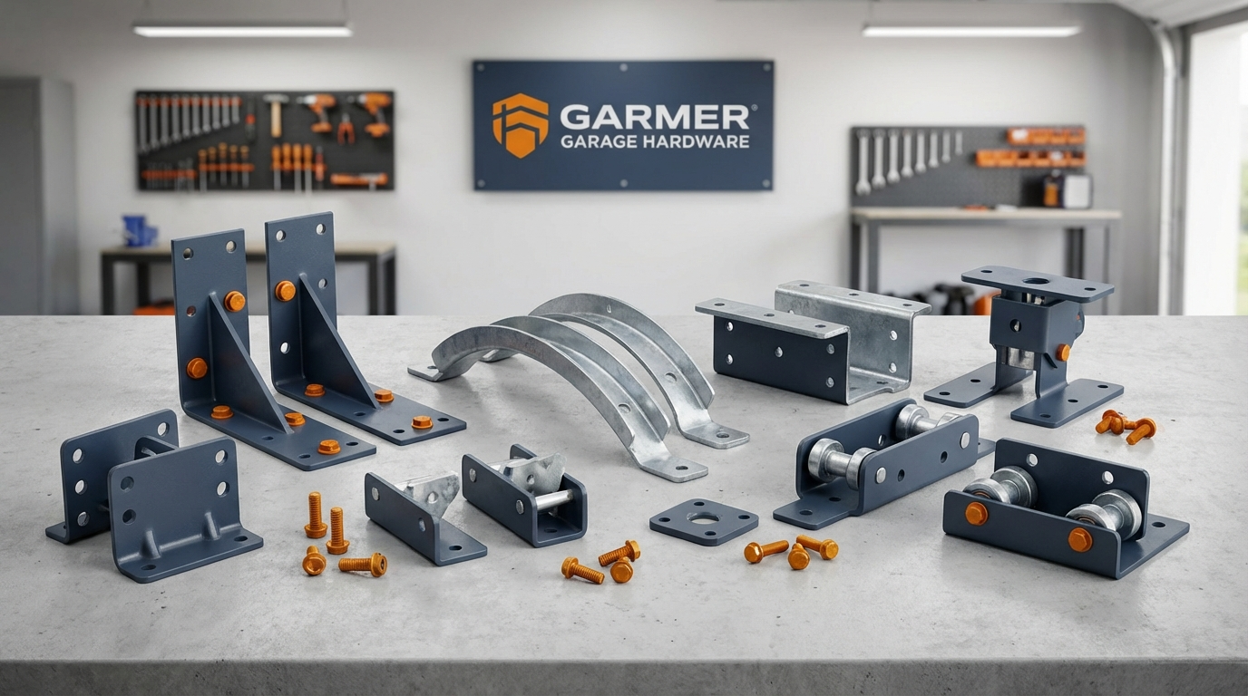 Various garage door mounting brackets and hardware