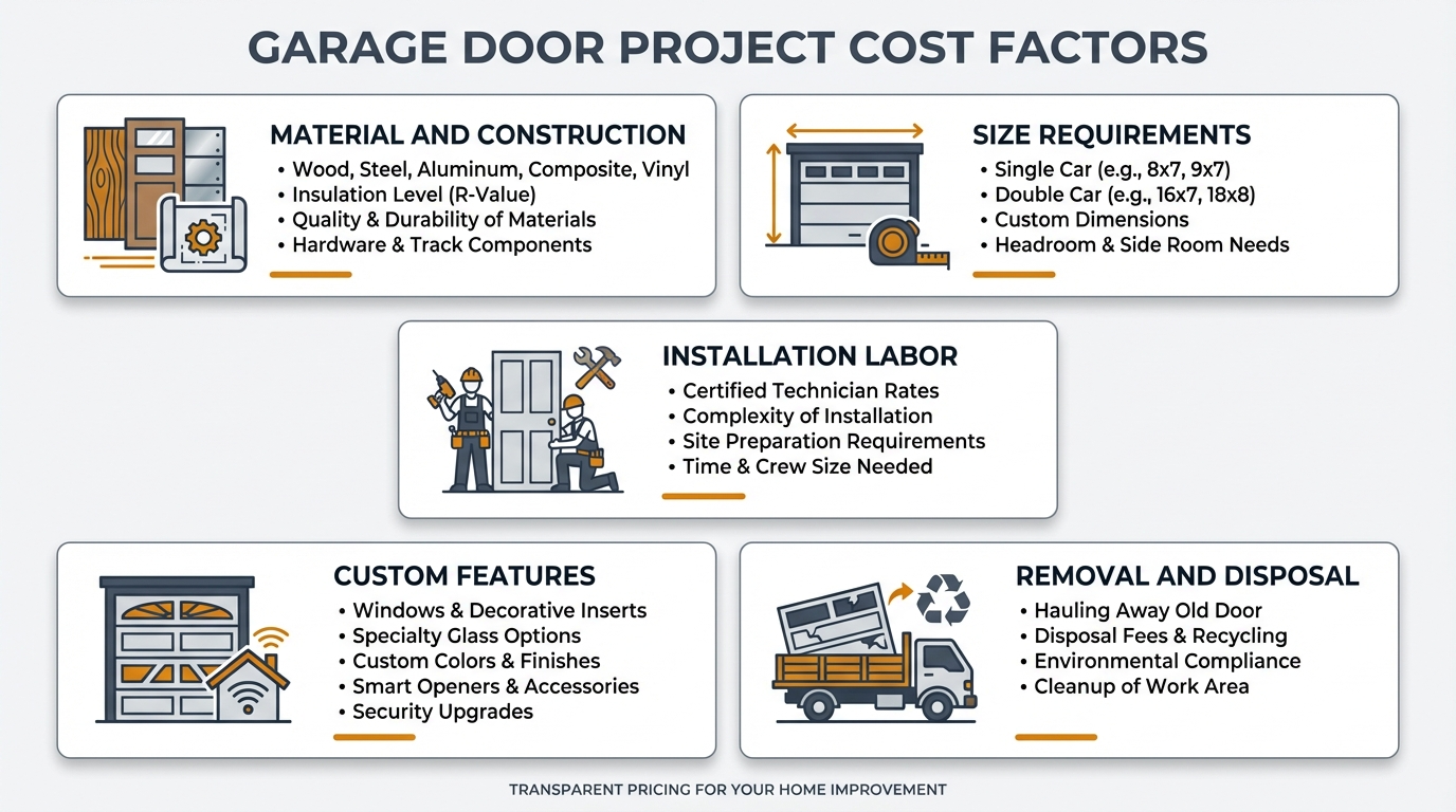 Breakdown of garage door project cost factors including materials and labor