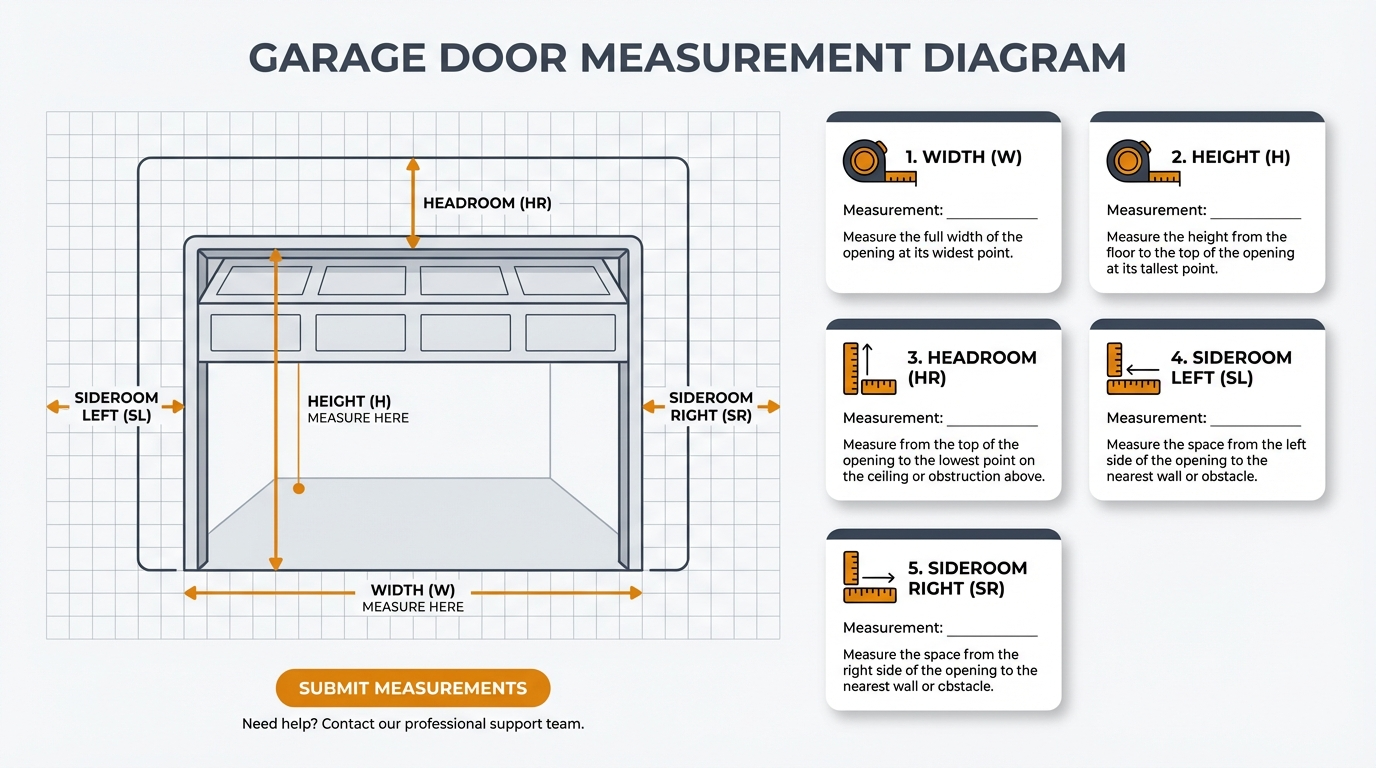 Garage door measurement diagram showing headroom sideroom and backroom