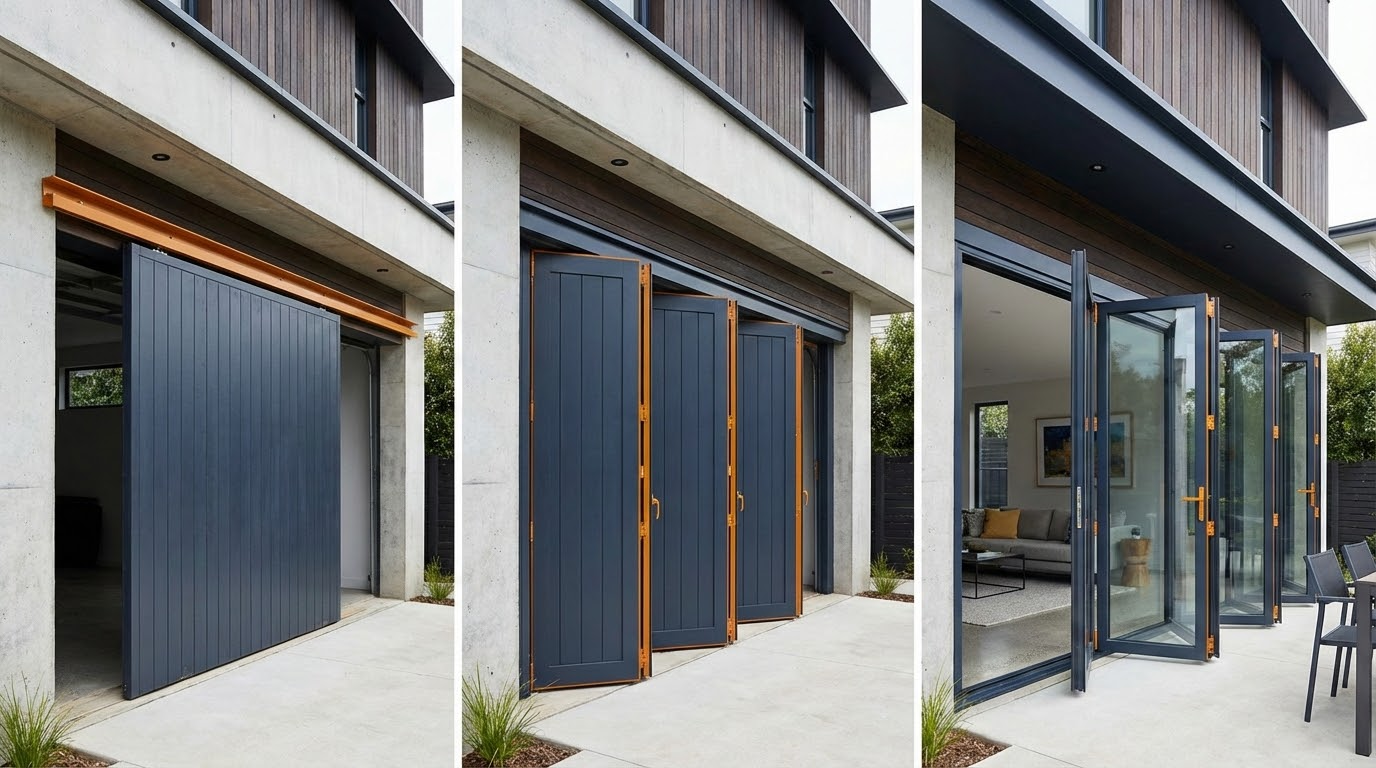 Non-traditional garage door styles including bi-fold and side-sliding configurations