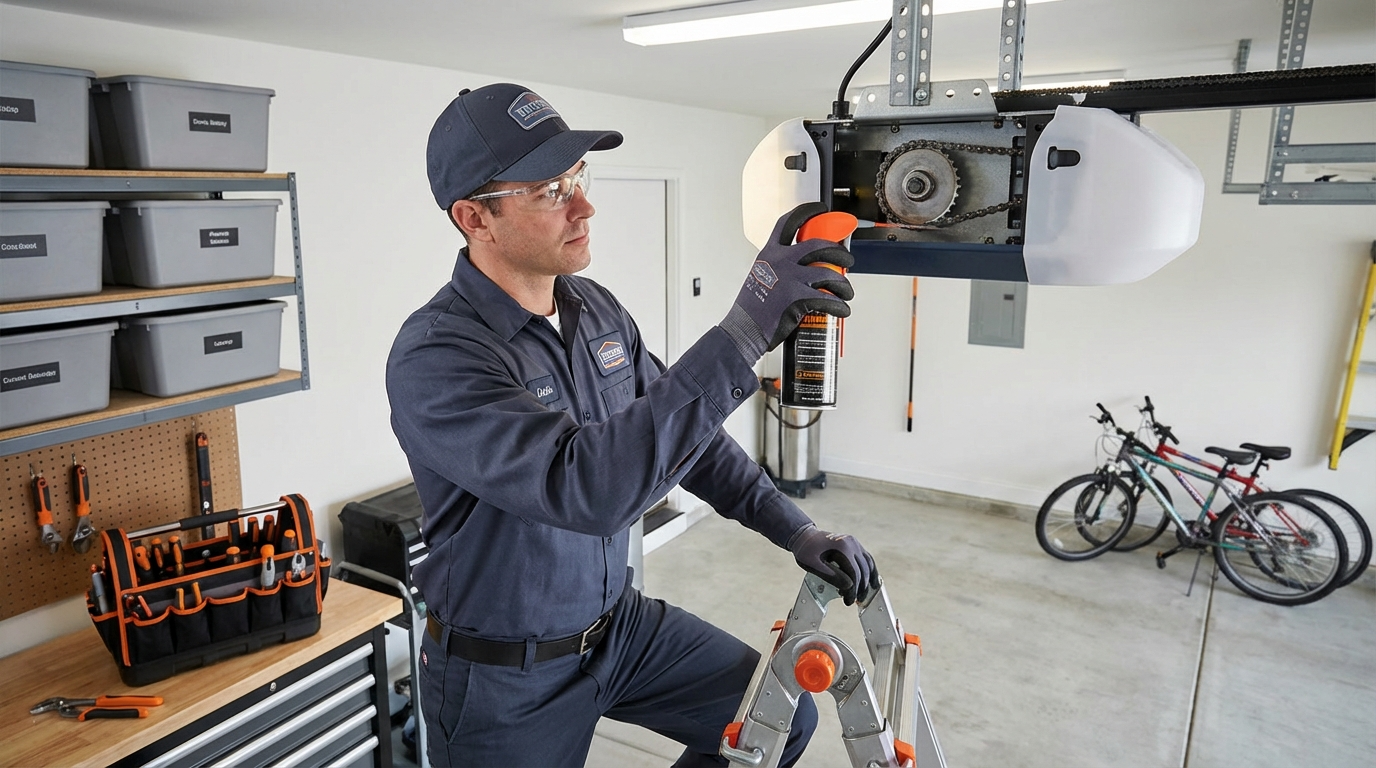 Homeowner performing garage door opener maintenance