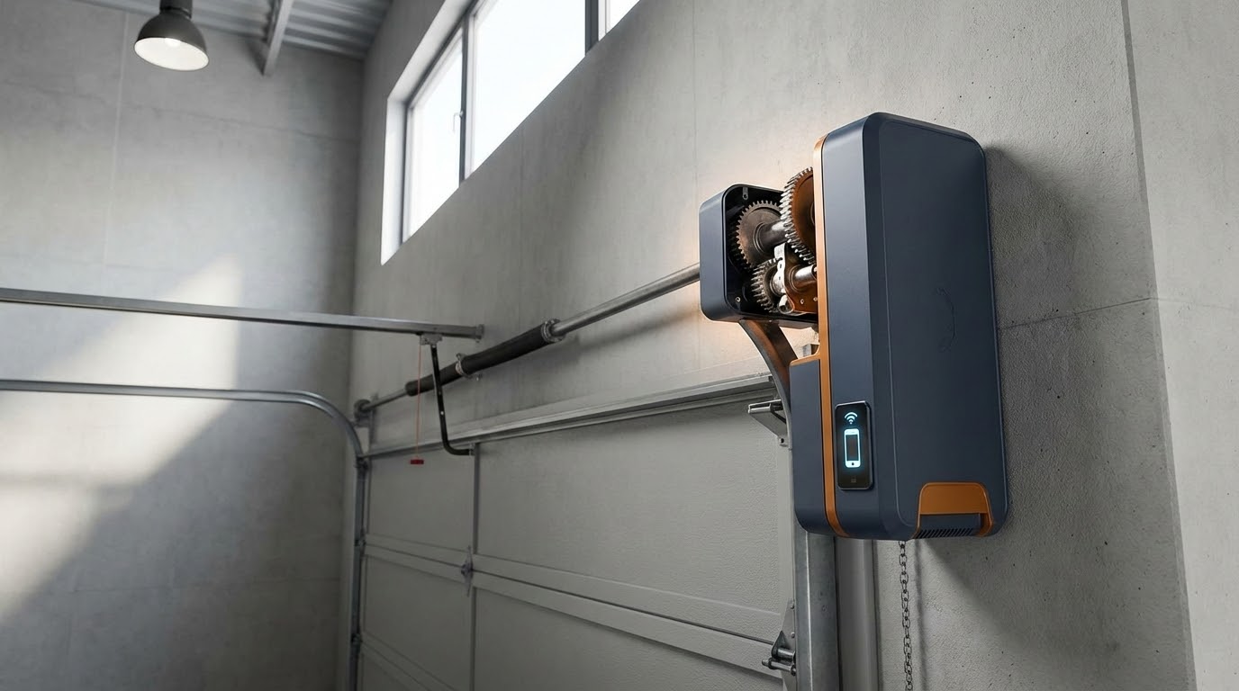 Jackshaft garage door opener mounted on wall for high-ceiling applications