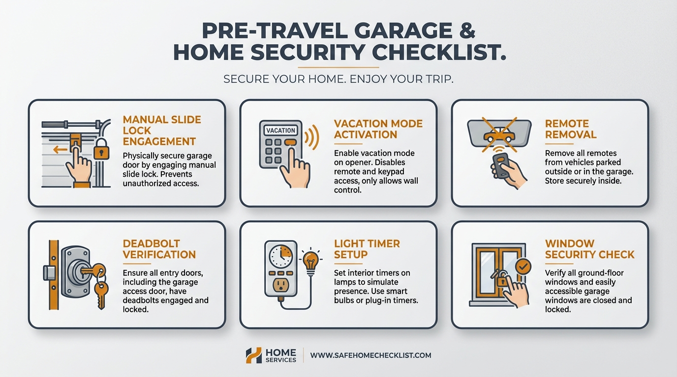 Pre-travel garage door security checklist showing essential steps before vacation