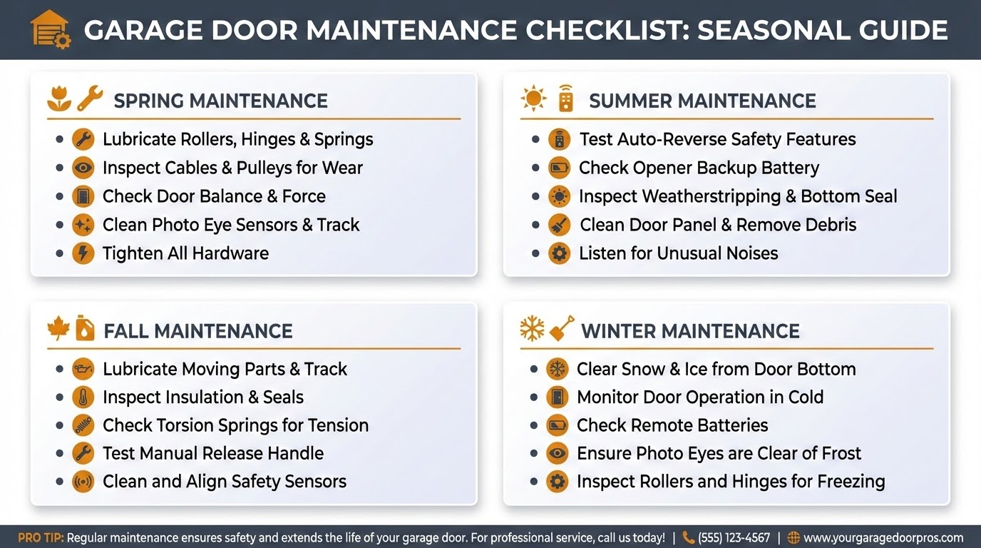 Seasonal garage door maintenance checklist infographic