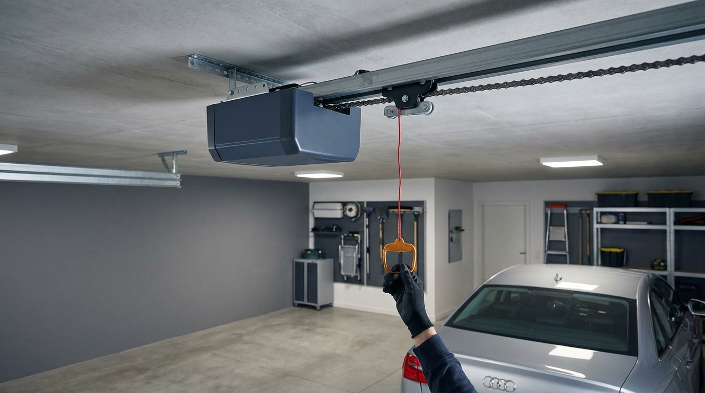 Garage door opener unit showing motor and drive mechanism