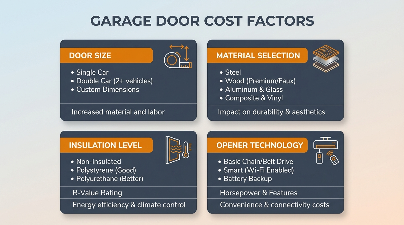 Factors affecting garage door costs including materials, size, and features