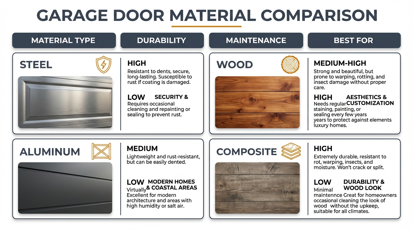Comparison of garage door materials including steel, wood, aluminum and composite options