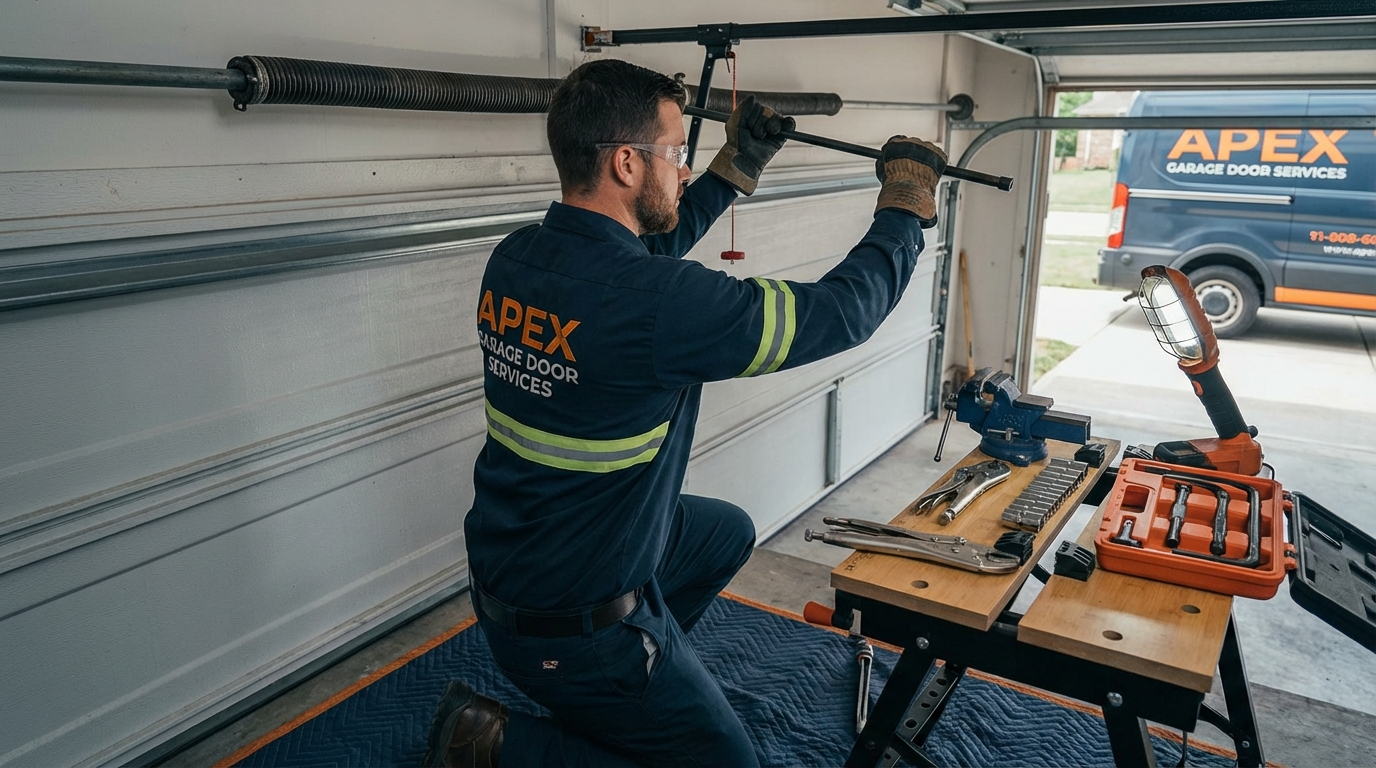 Professional technician servicing a garage door