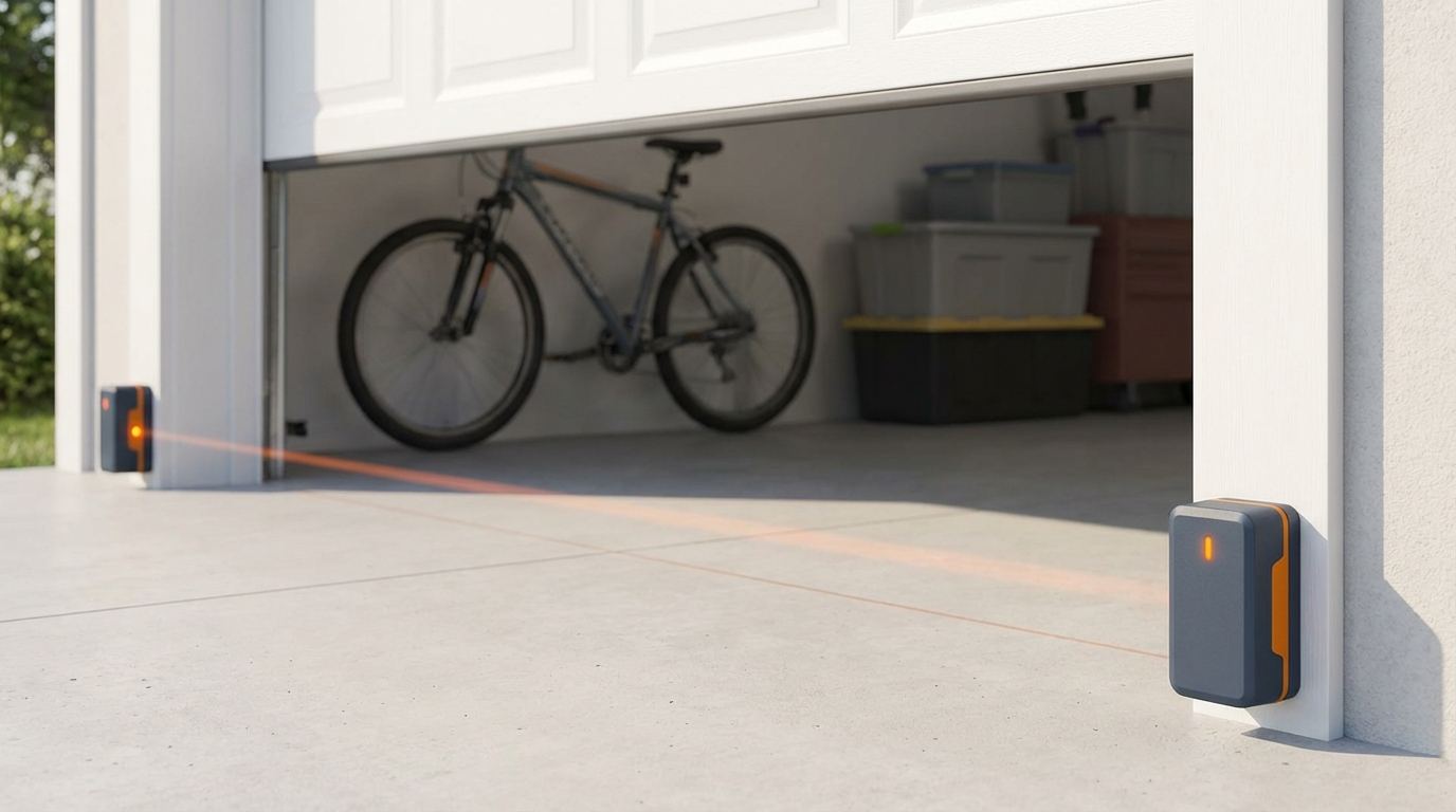Photo eye safety sensors mounted at garage door base