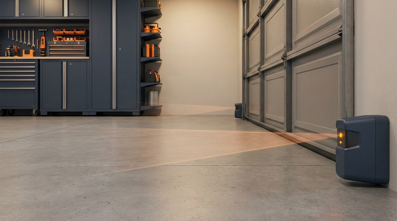 Garage door safety sensors and auto-reverse mechanism
