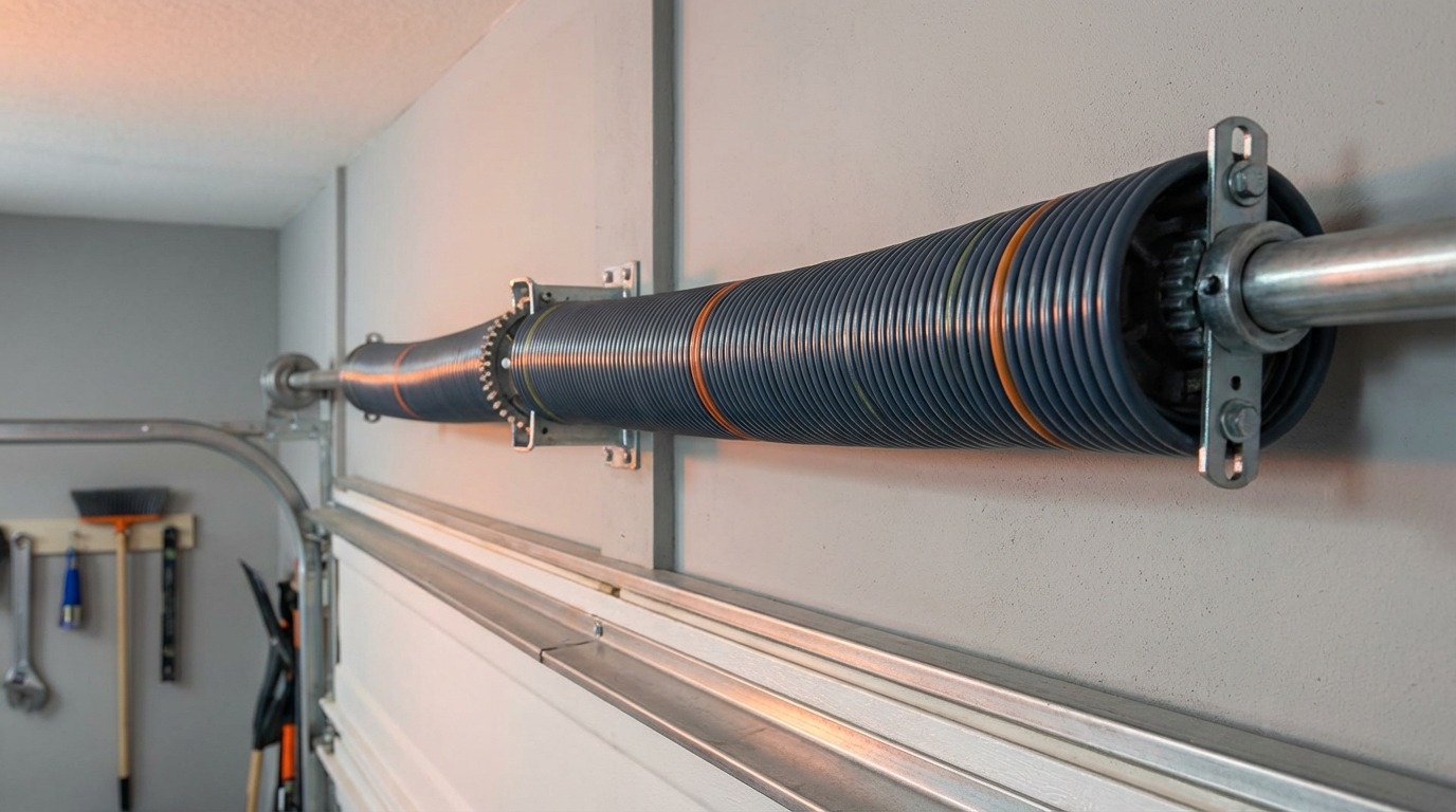 Garage door torsion springs mounted on shaft above door opening