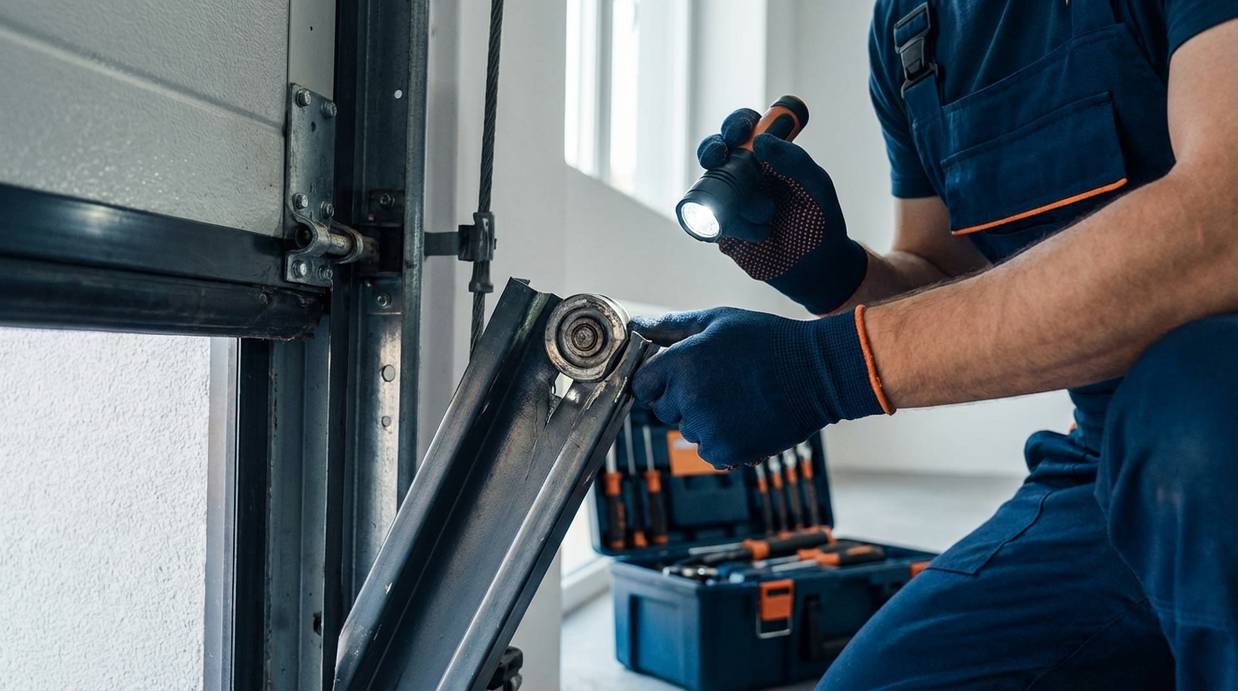 Garage door off track showing roller displaced from channel