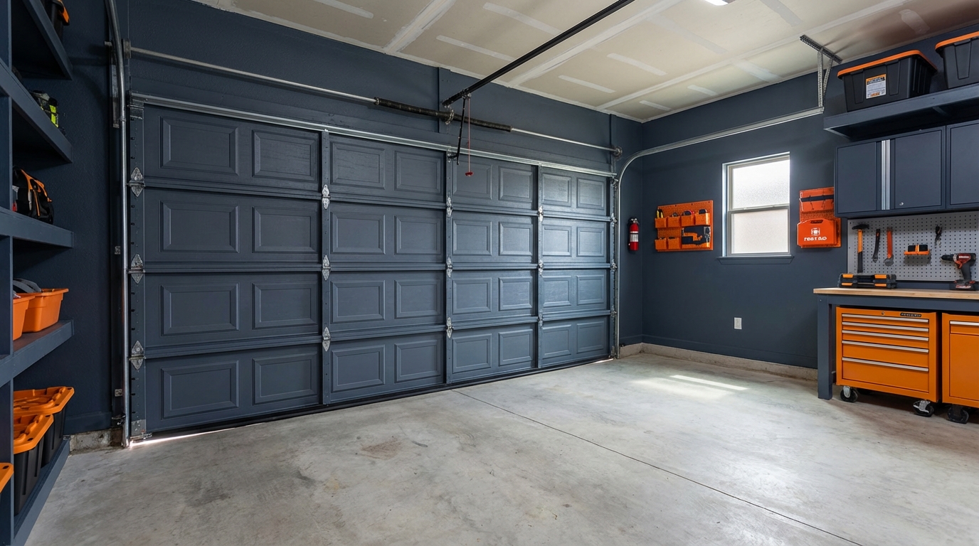 Illustration showing the complete garage thermal envelope including door seals, weatherstripping, walls, and ceiling insulation