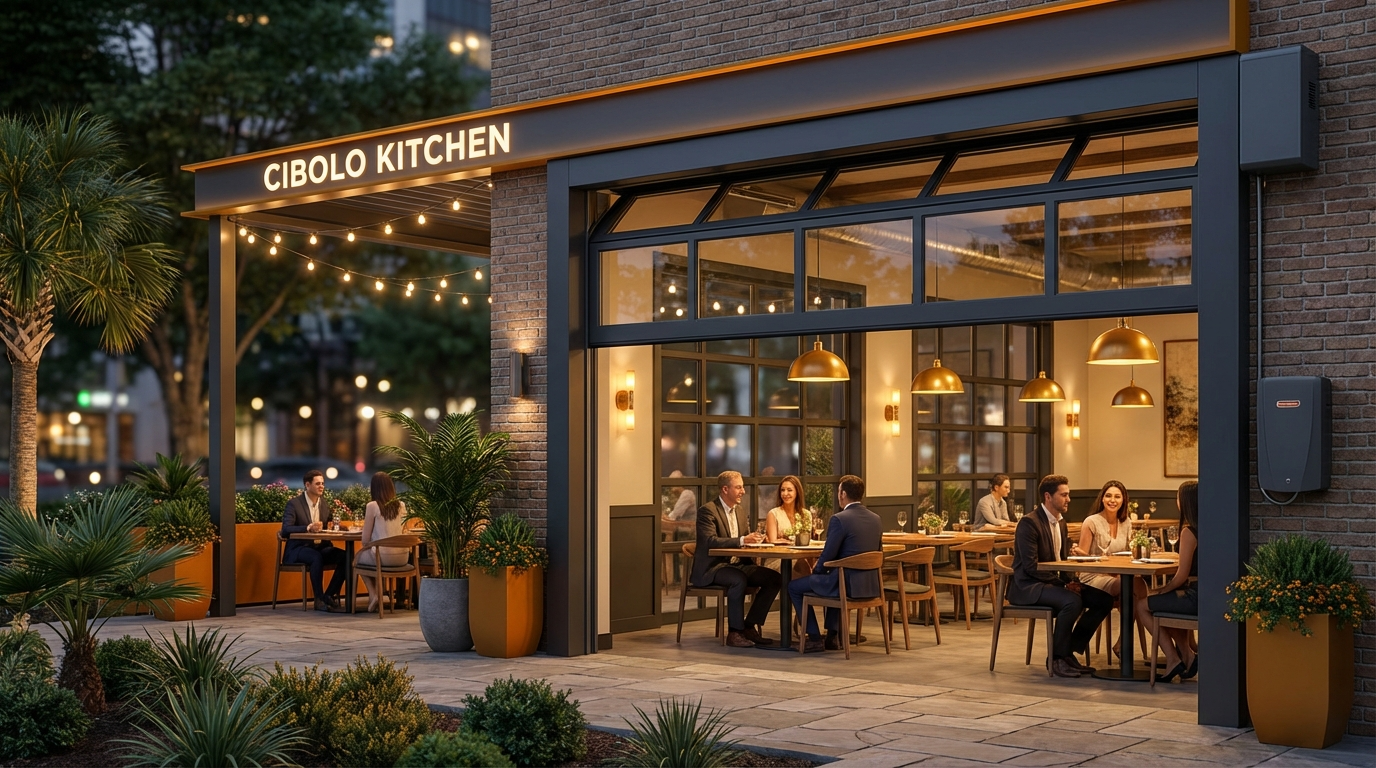 Full-view aluminum garage door on a restaurant patio facade in San Antonio