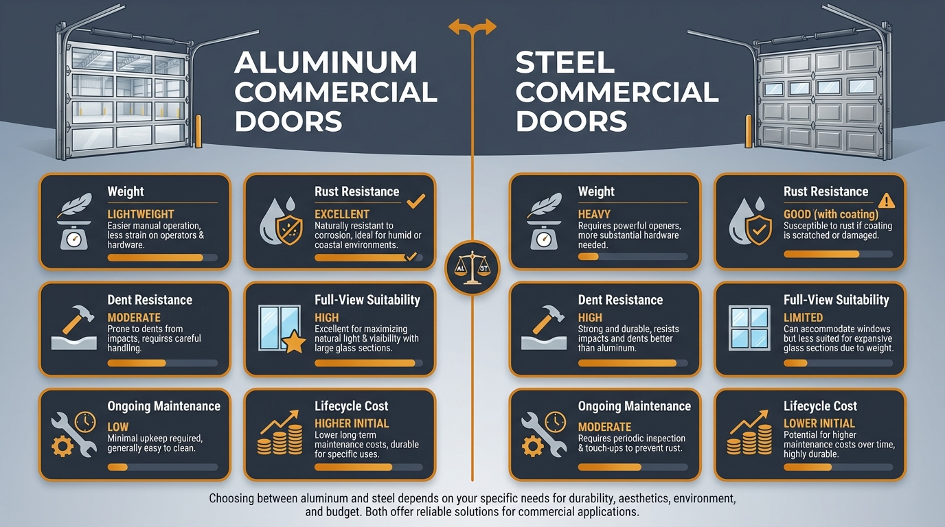 Side-by-side comparison of aluminum versus steel garage doors for commercial properties