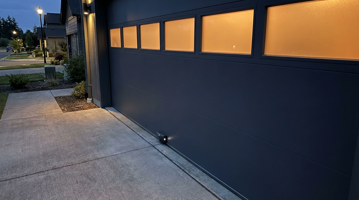 Secure garage door with frosted windows showing privacy and security features
