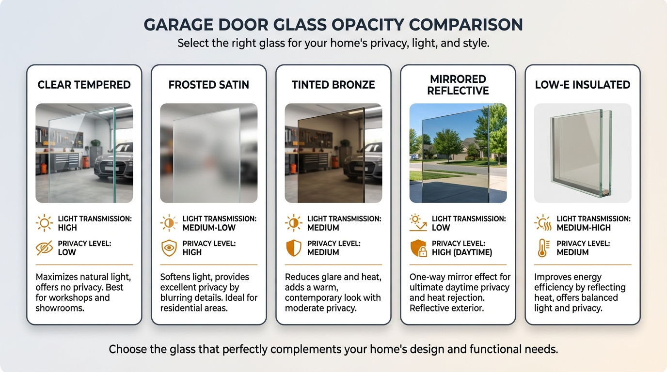 Glass opacity options for modern garage doors including clear, frosted, tinted, and mirrored varieties