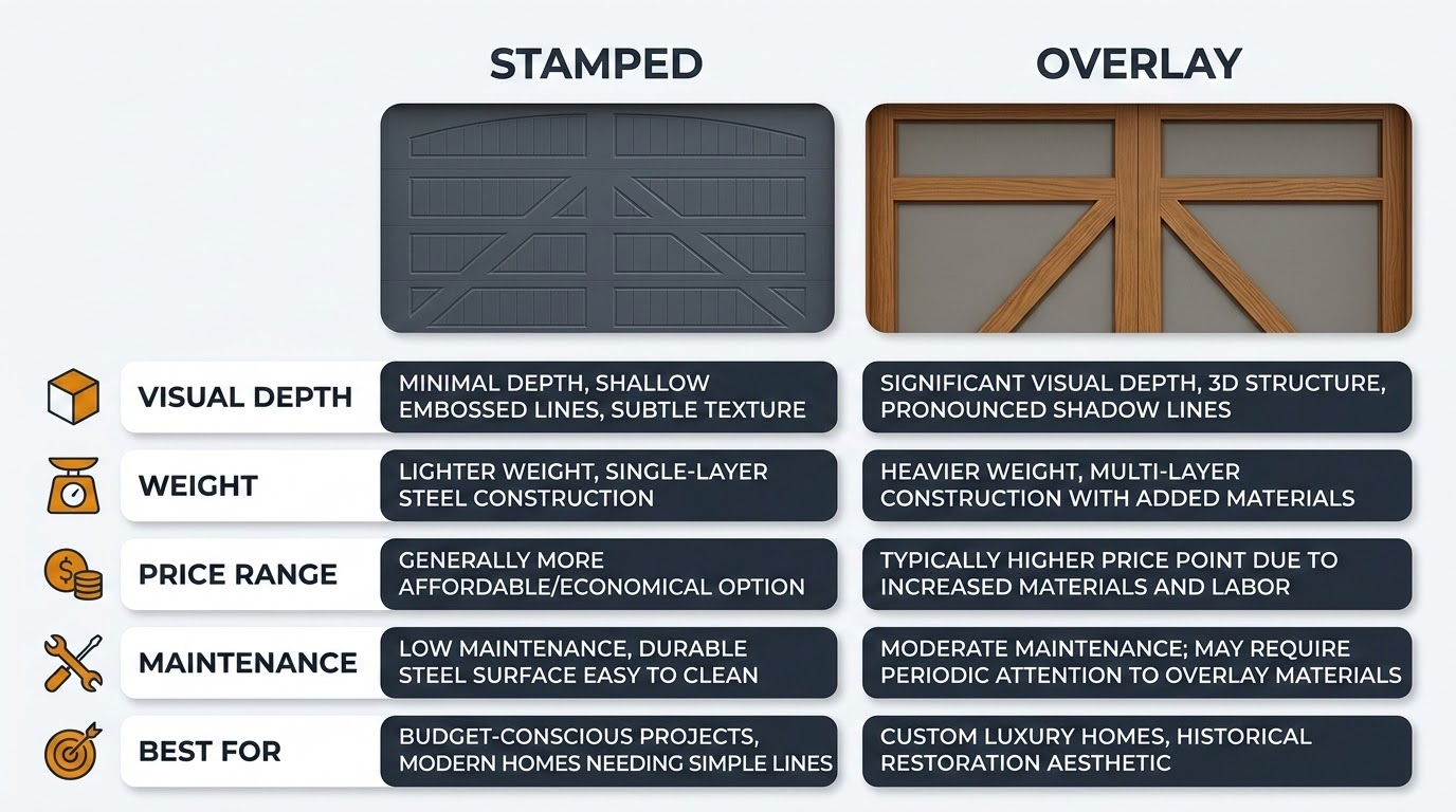 Comparison of overlay construction versus stamped panel carriage house garage doors