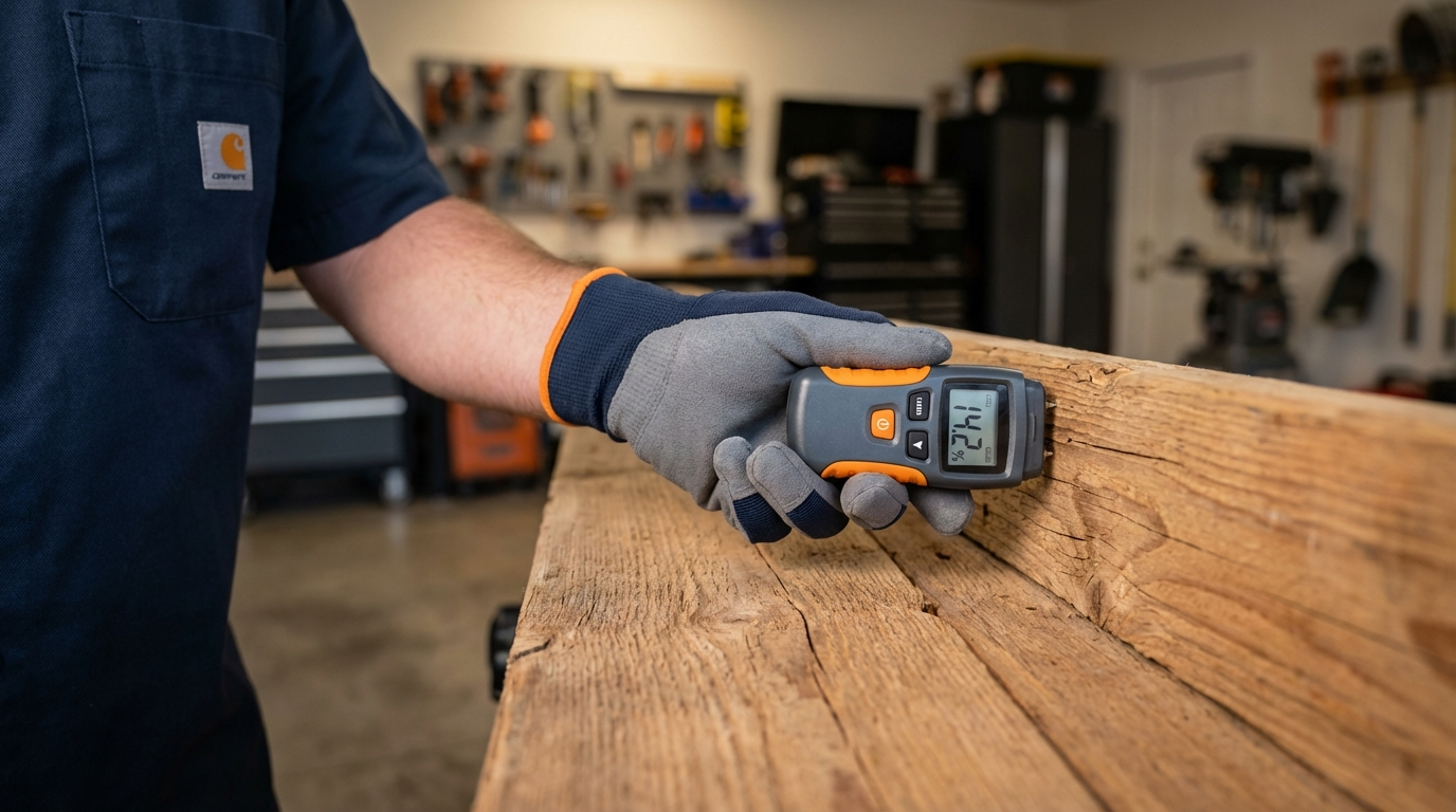 Close-up of wood garage door showing maintenance inspection areas for warping cracking and rot prevention
