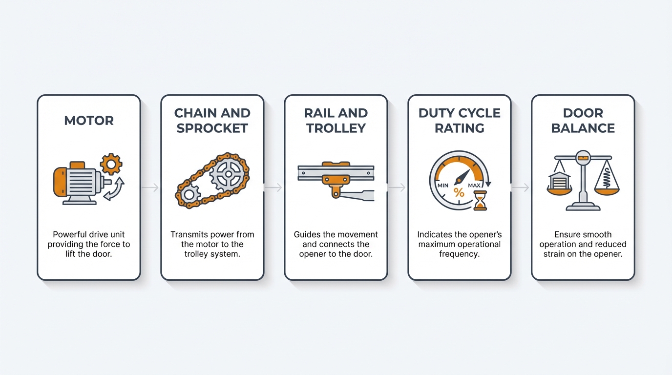 Heavy duty chain drive opener components showing chain, sprocket, and motor assembly