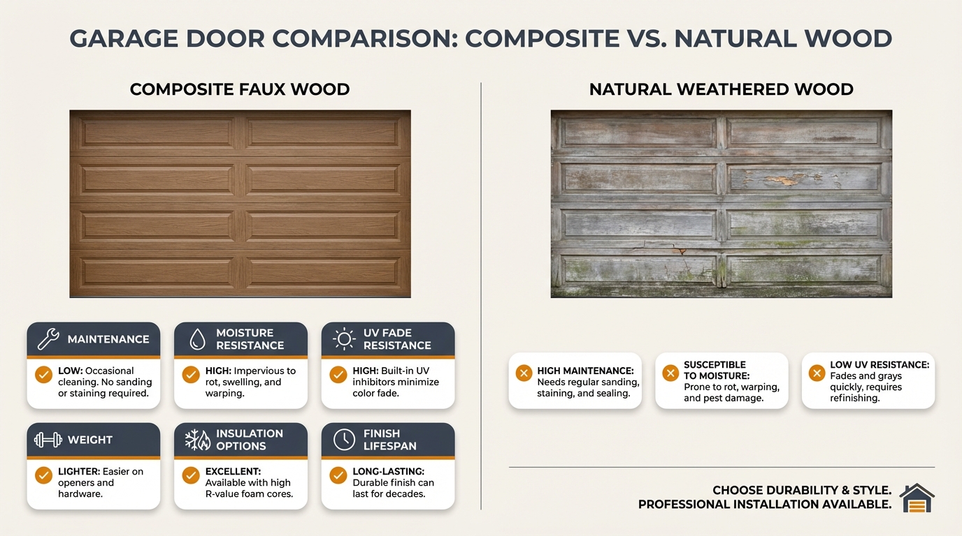 Comparison of composite wood and natural wood garage doors showing texture and finish differences