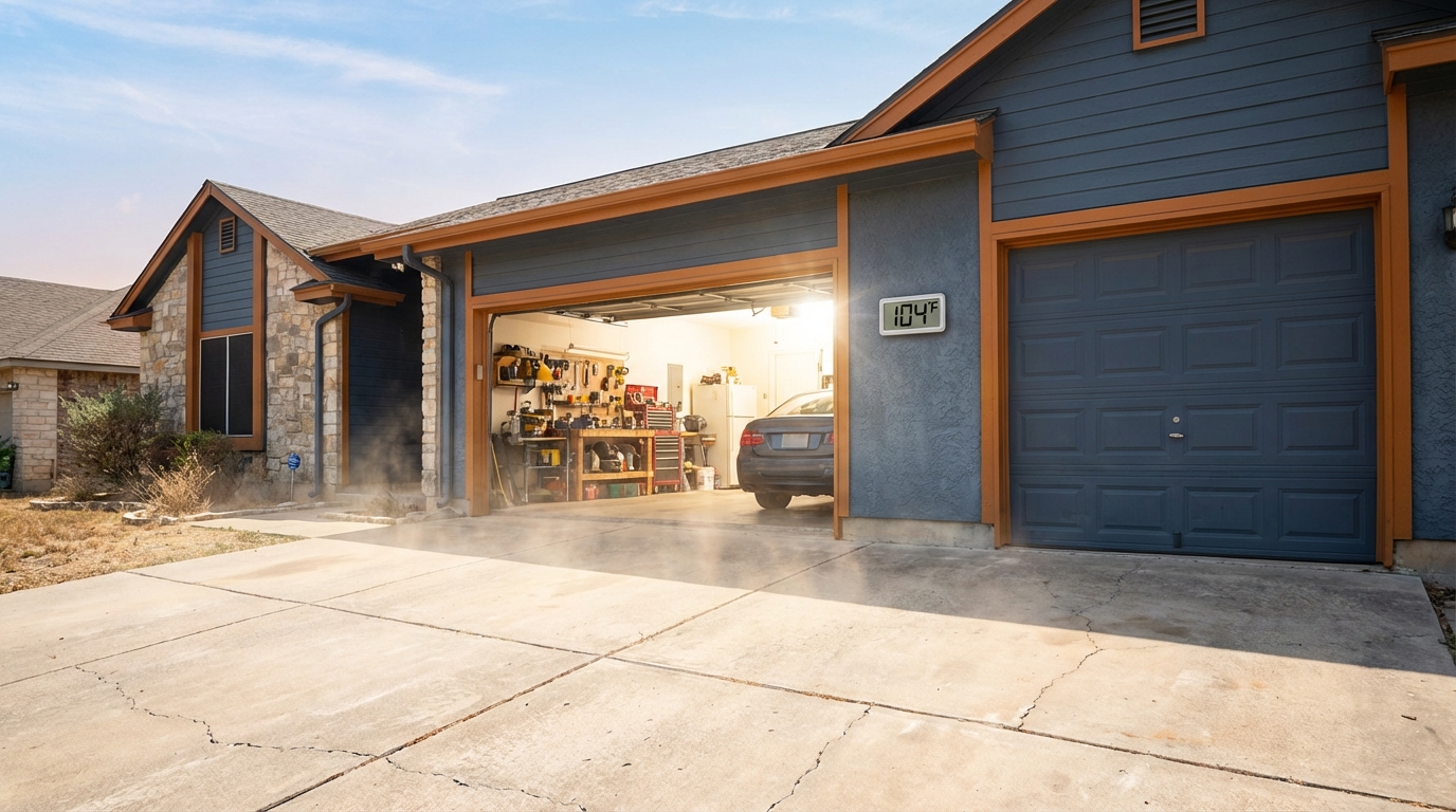 San Antonio summer heat impact on garage door energy efficiency showing thermal exchange