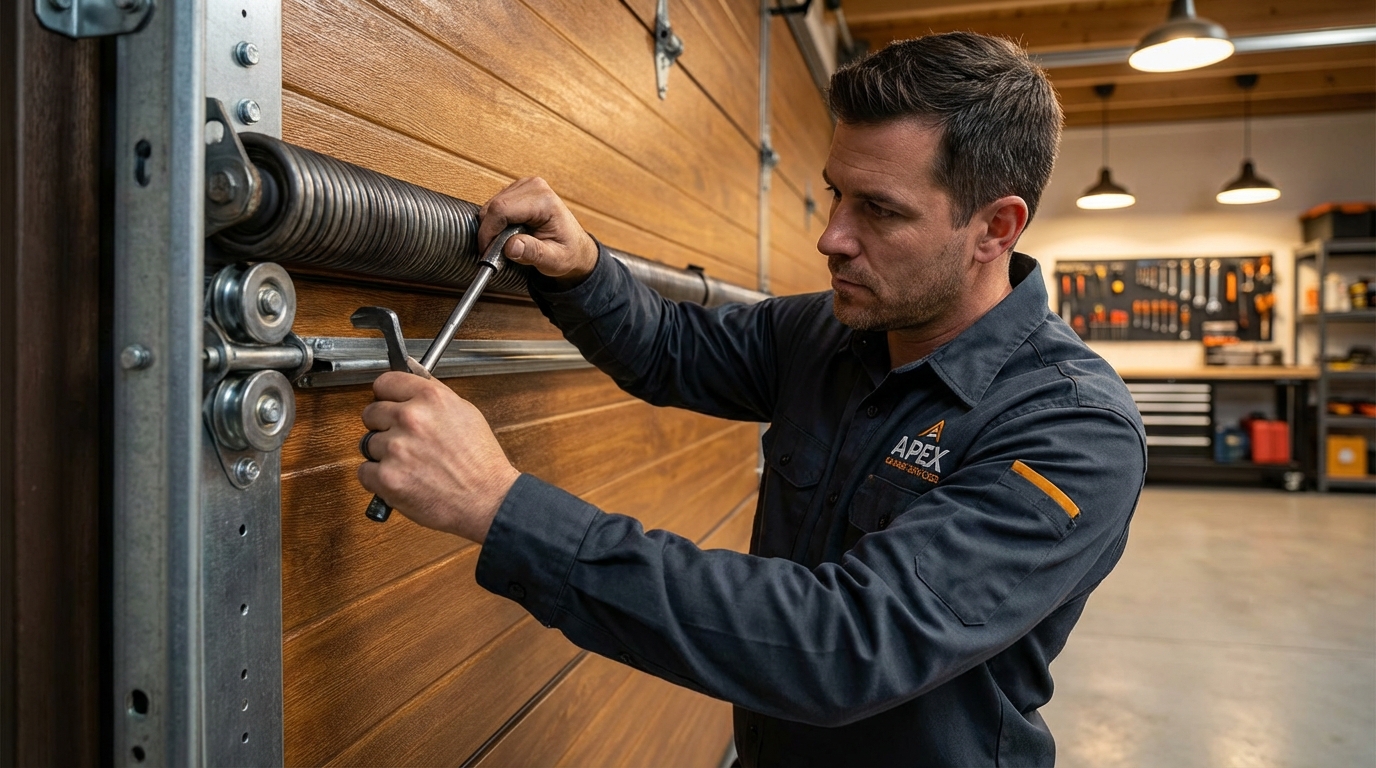 Long-lasting faux wood garage door on a San Antonio home showing durability over time