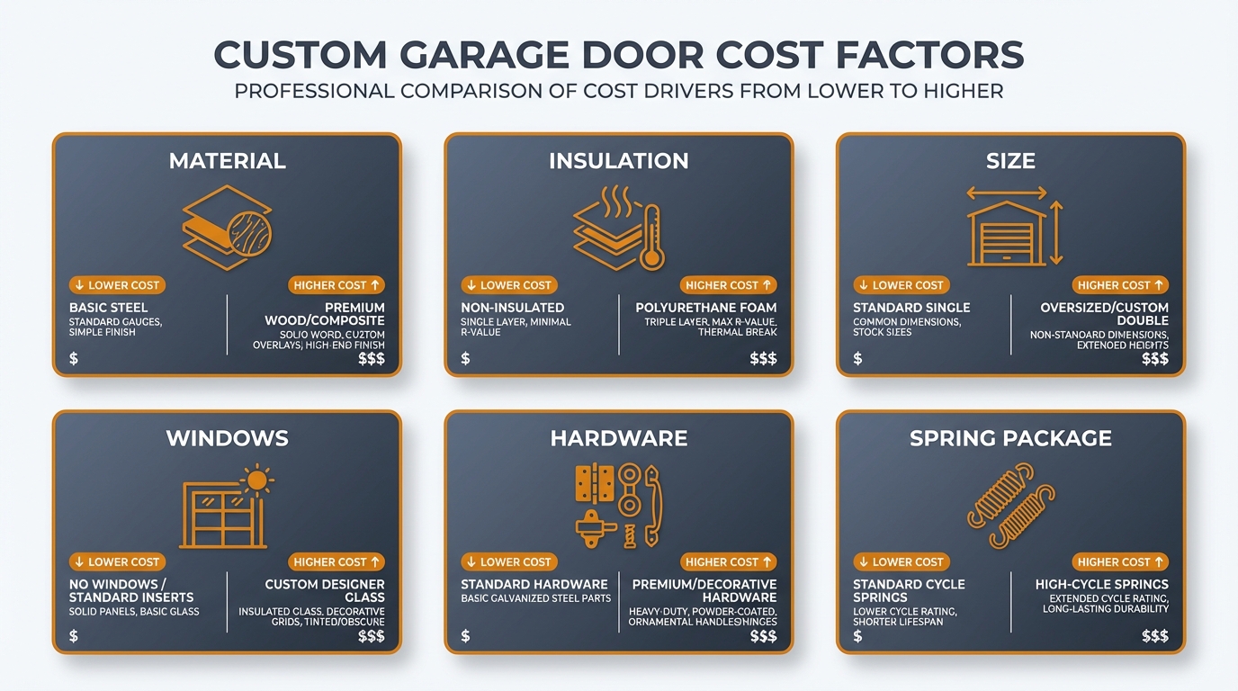 Custom garage door cost factors in San Antonio showing material and style options