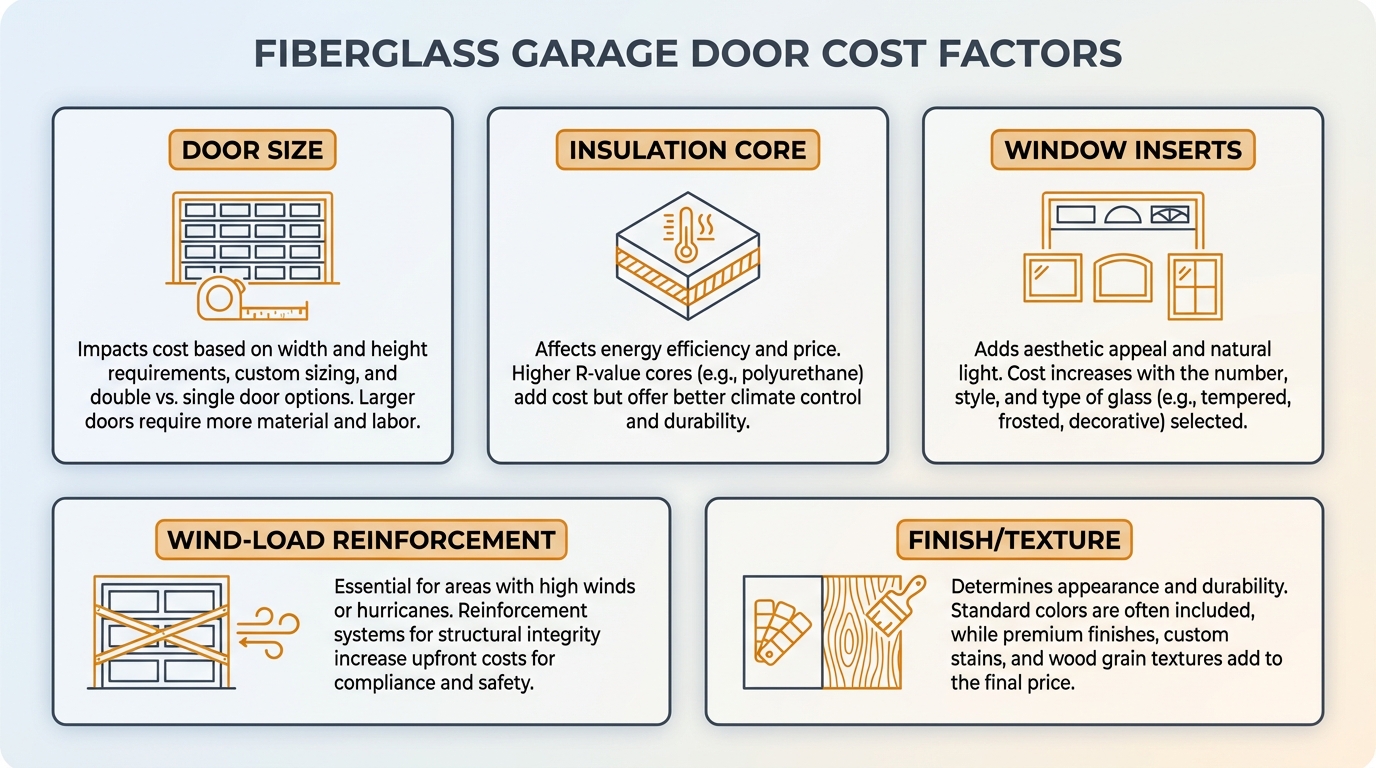 Fiberglass garage door cost factors including size insulation and finish options