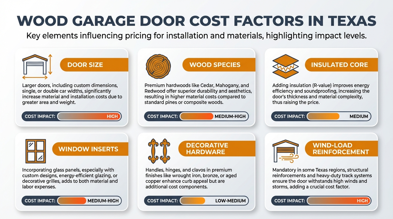Wood garage door cost factors and pricing in Texas including species, size, and custom options