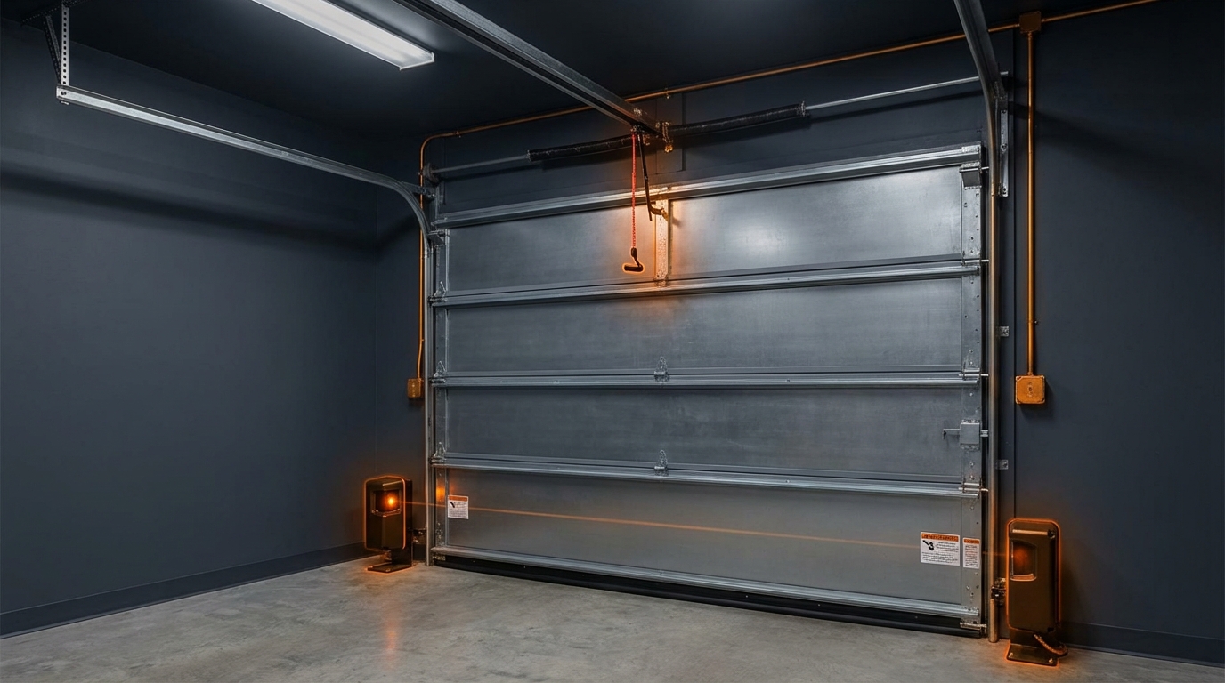 Safety sensors and entrapment protection devices on a commercial garage door system