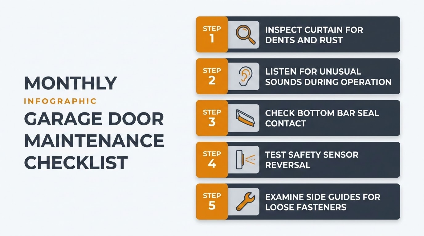 Visual guide showing the five-minute monthly maintenance checklist for residential roll up garage doors