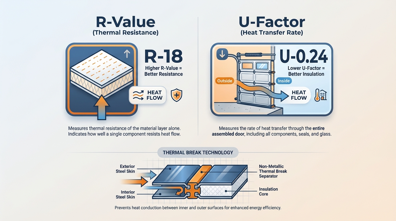 Understanding thermal performance metrics for insulated garage doors including R-Value and U-Factor comparison