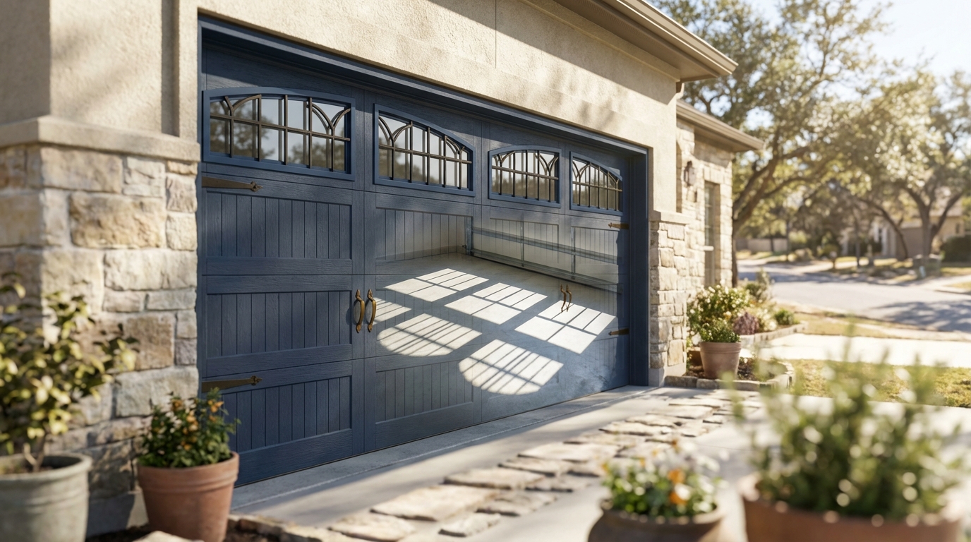Decorative window inserts on garage doors showing various design patterns including colonial and arched styles