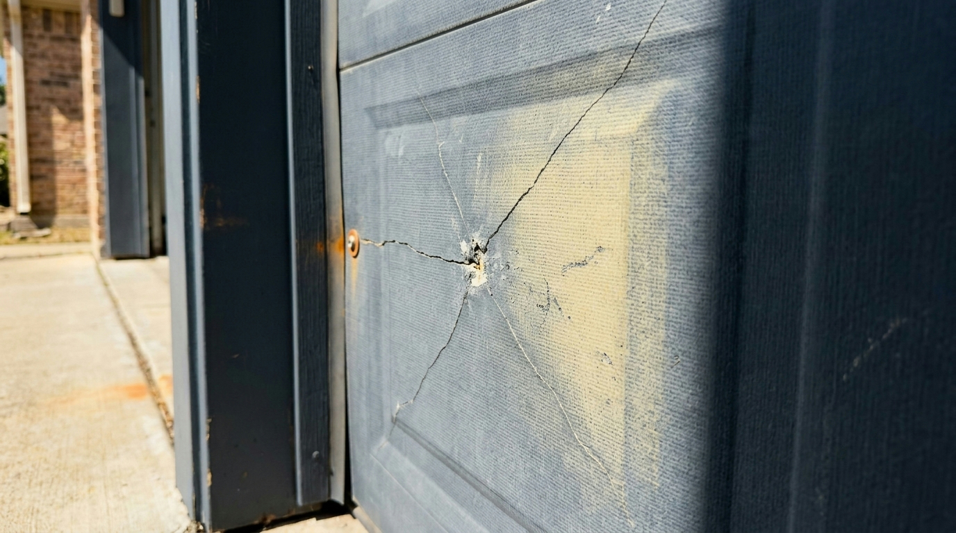 Disadvantages of fiberglass garage doors showing panel crack and UV fading comparison