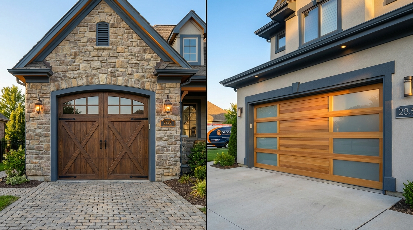 Various custom wood garage door design styles including carriage house and modern horizontal plank options