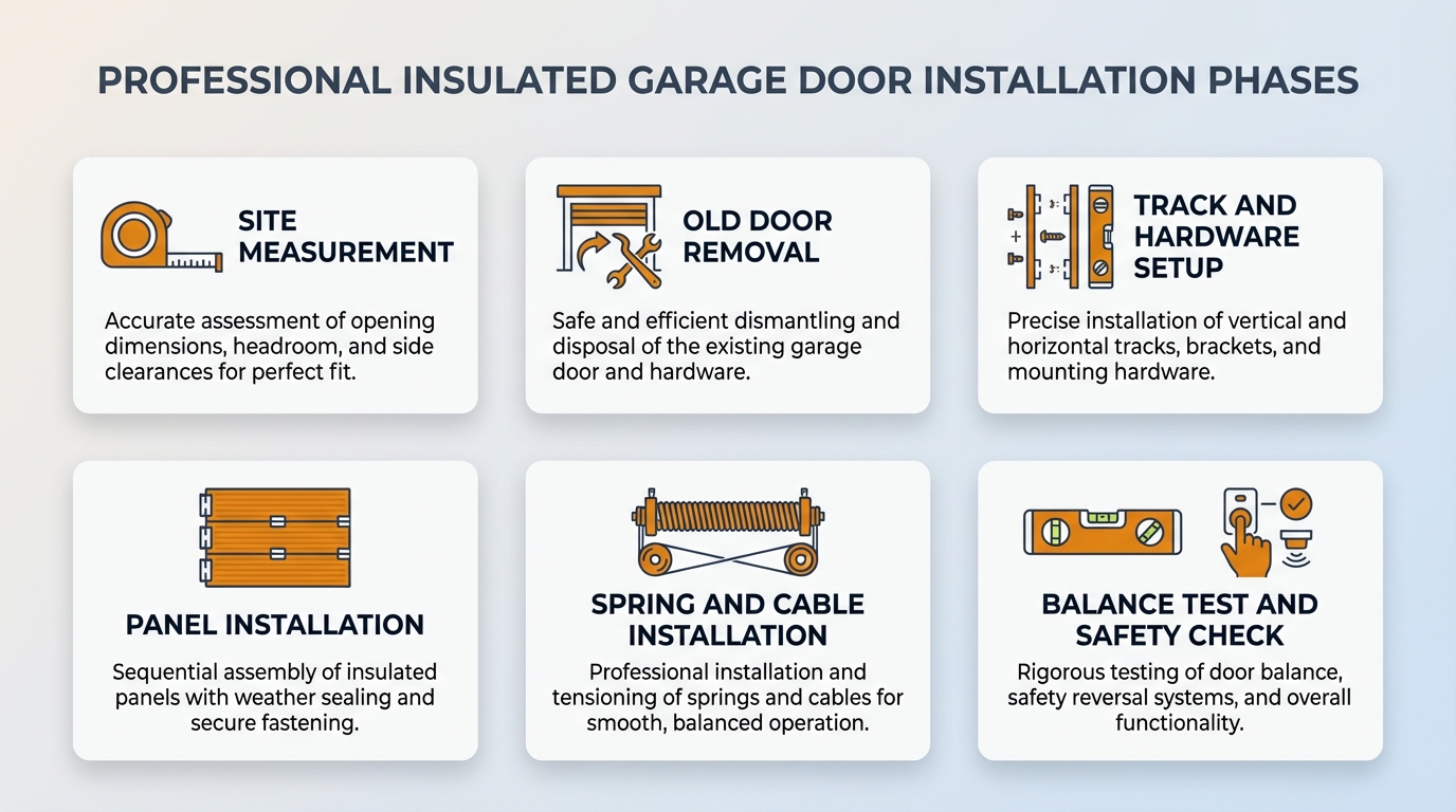 Professional garage door installation process showing technicians installing an insulated garage door in San Antonio