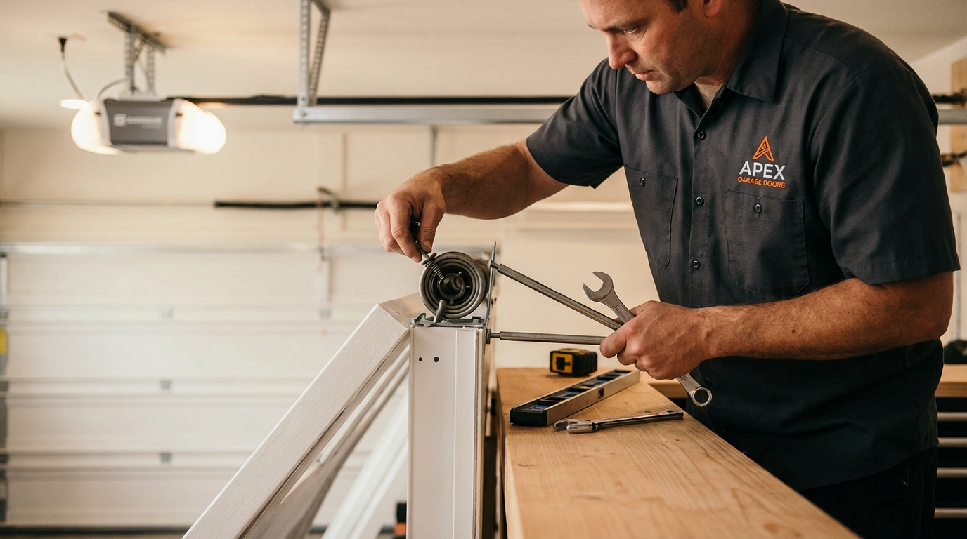 Professional garage door installation process in San Antonio showing technician performing measurements and alignment