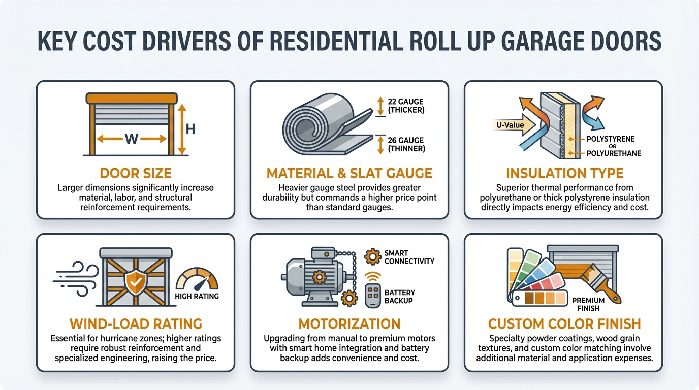 Infographic showing the key cost factors for residential roll up garage doors including material, insulation, and installation