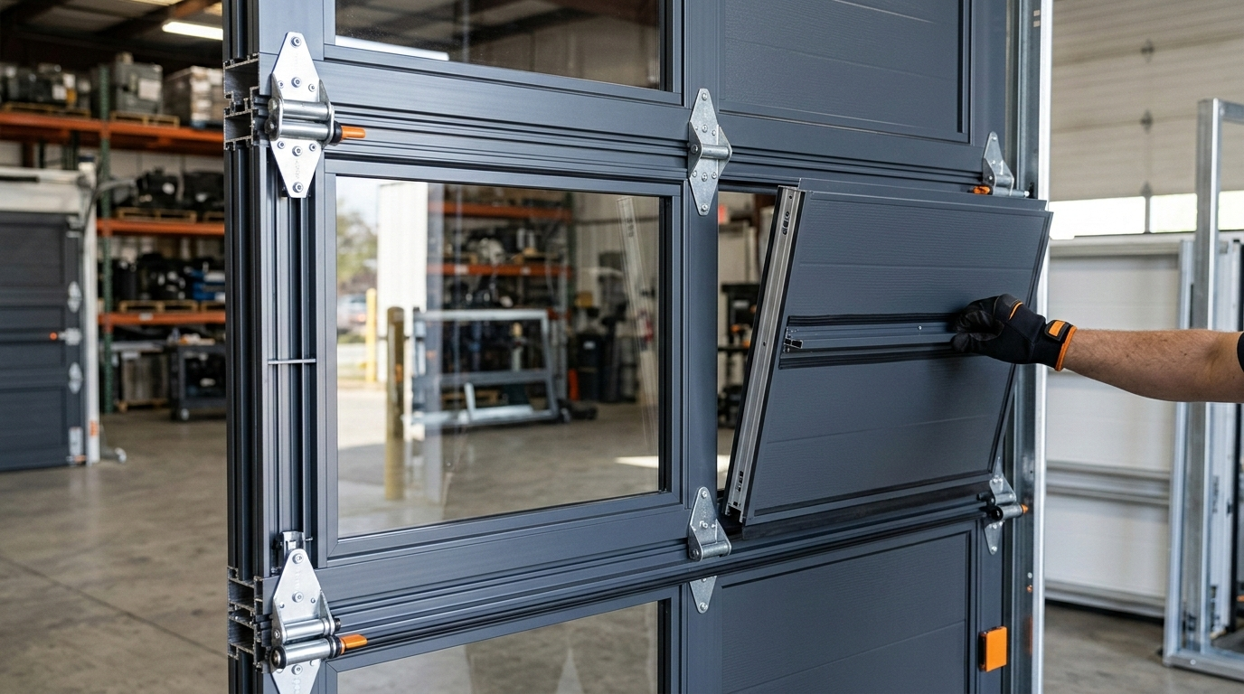 Aluminum frame garage door construction showing modular panel design for commercial properties