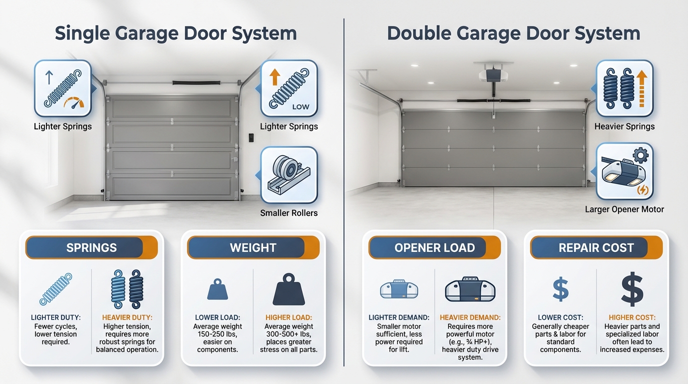 Garage door maintenance comparison between single and double door layouts showing springs and hardware