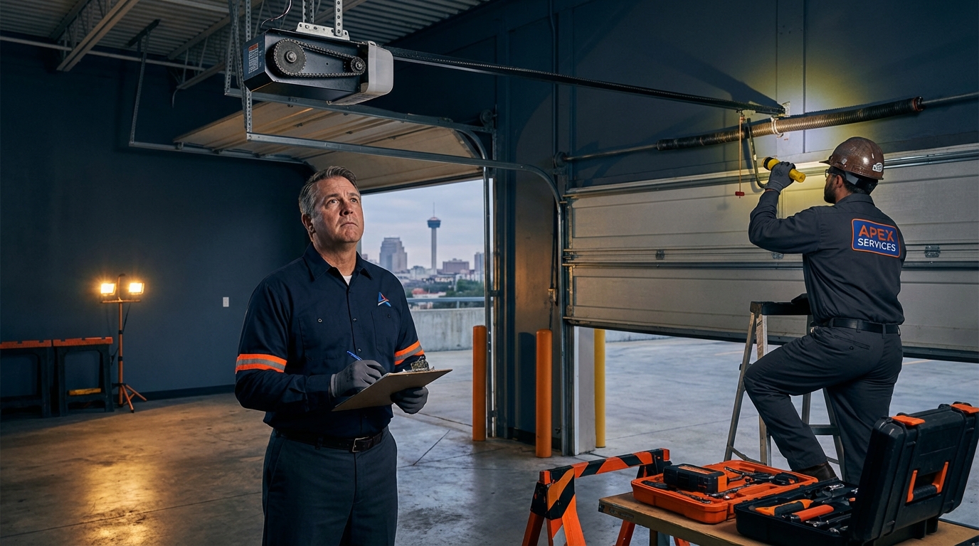 Facility manager inspecting a commercial chain drive garage door opener in San Antonio