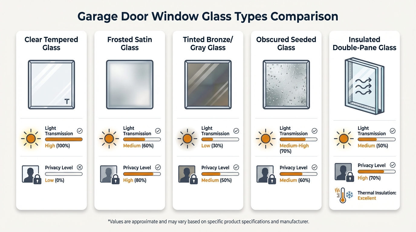 Different types of glass options for garage door windows including frosted, tinted, and insulated double-pane