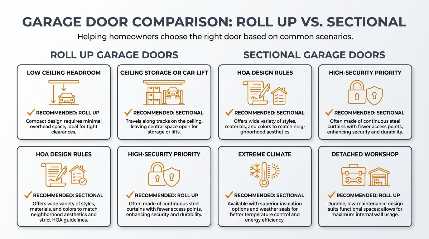 Comparison chart showing when a rolling garage door makes more sense than a sectional door for residential use