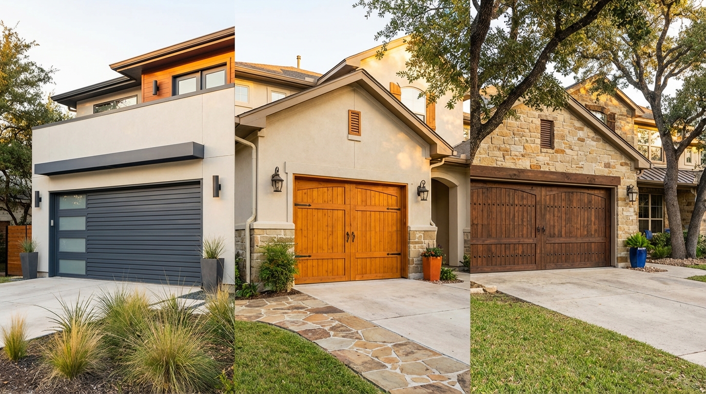 Popular custom garage door design styles in San Antonio including modern and carriage house